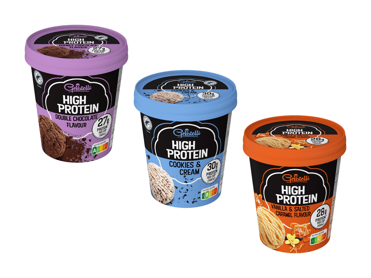 Drei Becher High-Protein-Eiscreme in den Geschmacksrichtungen Schokolade, Cookies & Cream und Vanille-Salzkaramell.