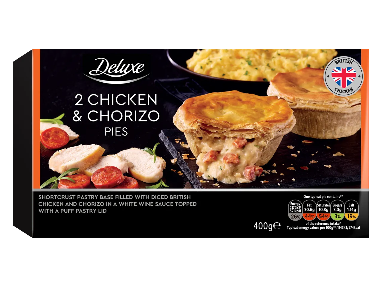 Deluxe 2 Chicken & Chorizo Pies with a puff pastry lid, served with mashed potatoes.