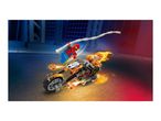 Toy superhero Spider-Man swinging towards a toy Ghost Rider on a flaming motorcycle.
