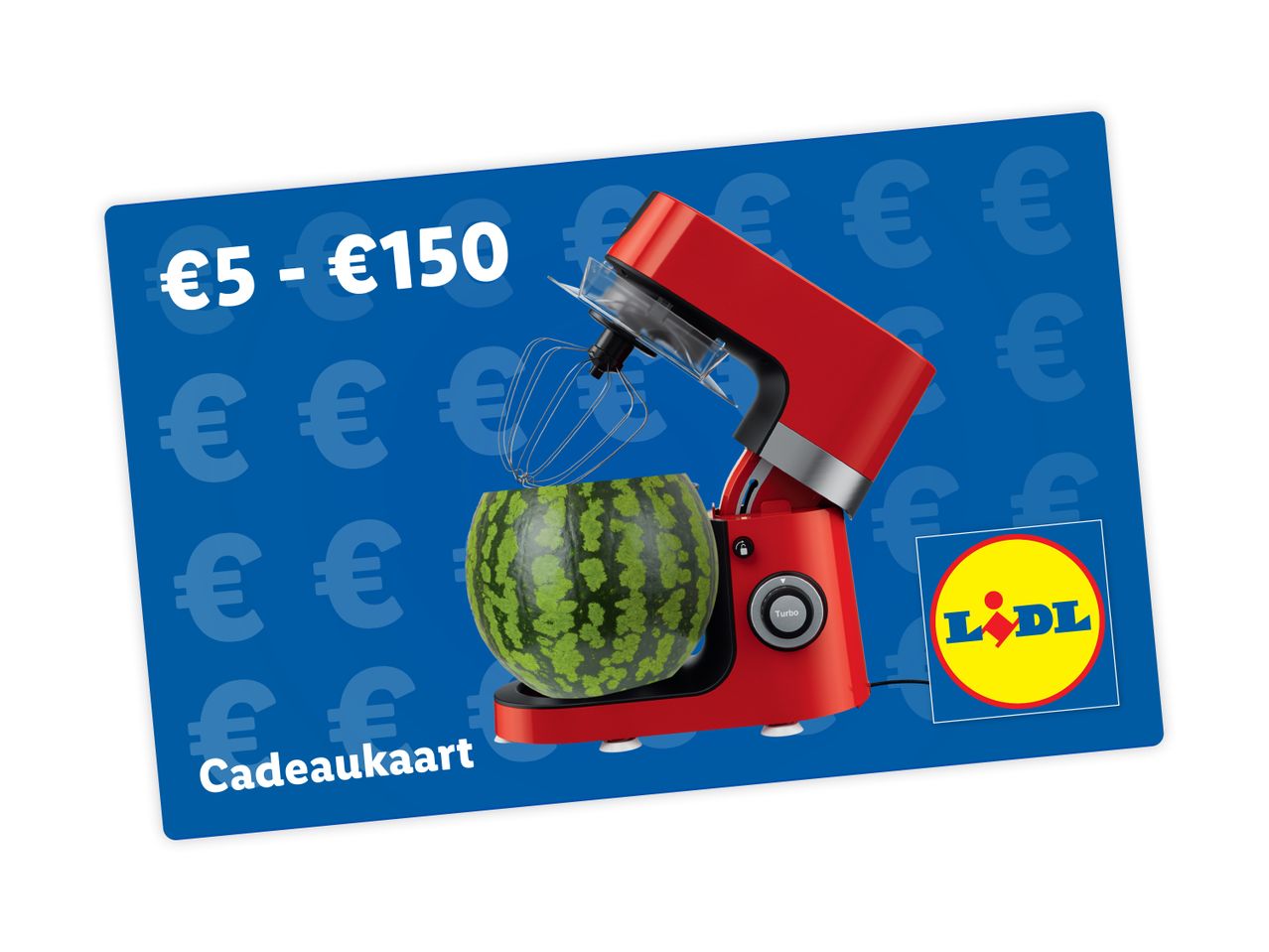 Lidl cadeaukaart €5-€150 met rode keukenmachine.