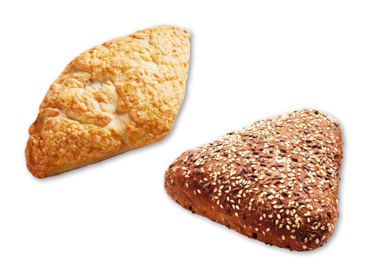 To brød, et med ost og et med frø, på hvid baggrund.
