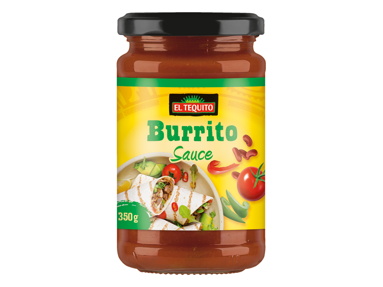 Pote de molho El Tequito para burrito com imagem de burrito.