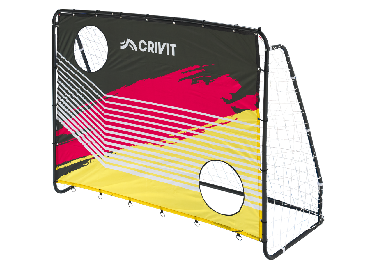 Fußballtor mit schwarzer, roter und gelber Torwand, inklusive CRIVIT Logo.