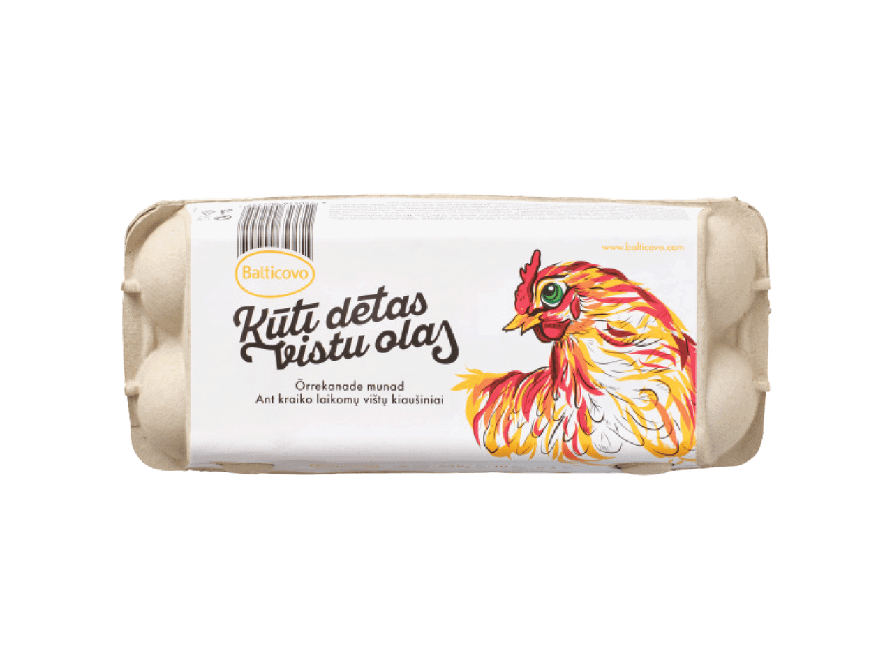 Kuus muna pakendis, millel on kujutatud värviline kana ja tekst 'Kūti dētas vistu olas'.