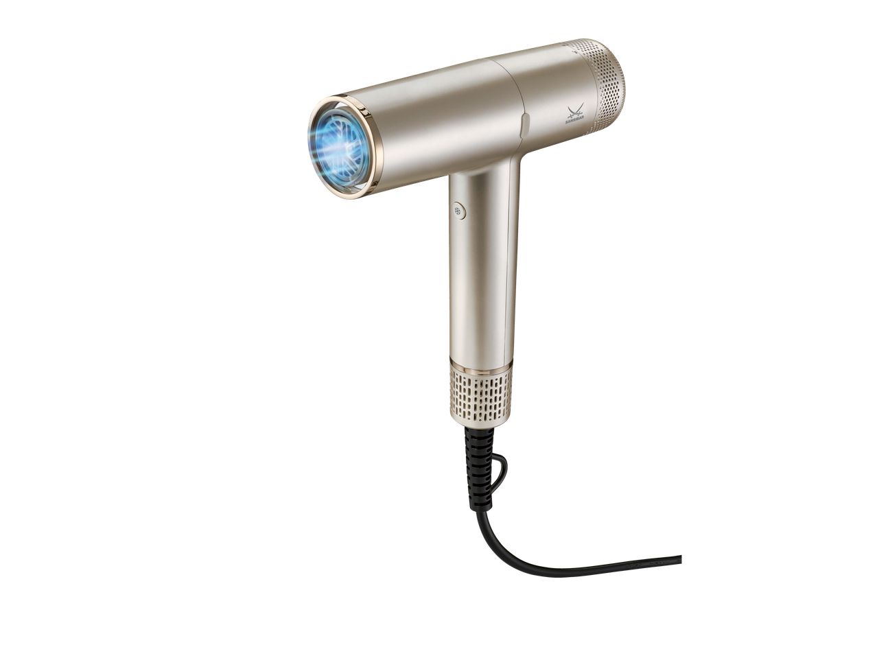 Sansibar® Haartrockner in Champagnergold mit blauem Licht an der Düse