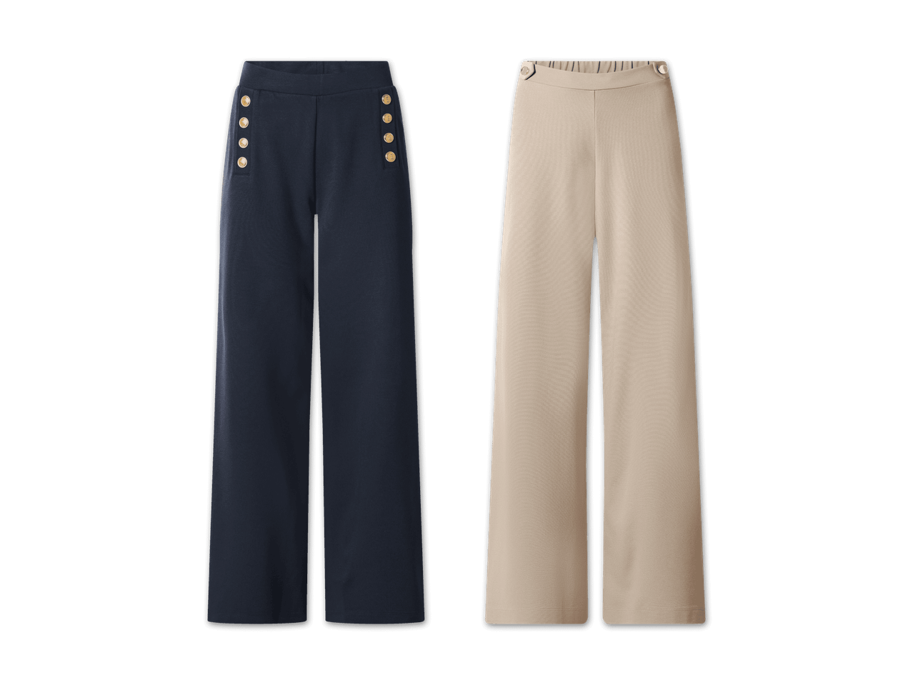 Zwei weite Hosen: eine dunkelblaue mit goldenen Knöpfen und eine beige.