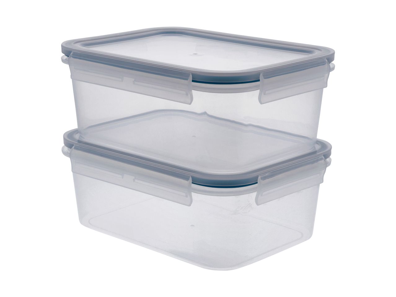 Two clear rectangular food storage containers with blue-grey lids, stacked on a white background.