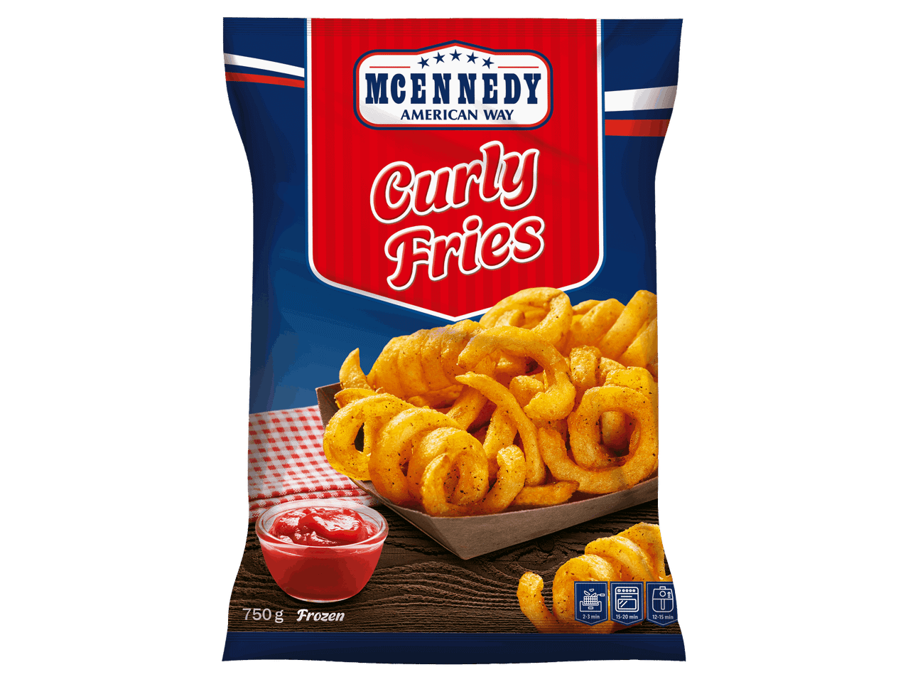 Fagyasztott, fűszeres hullámos burgonya 750 g-os kiszerelésben.