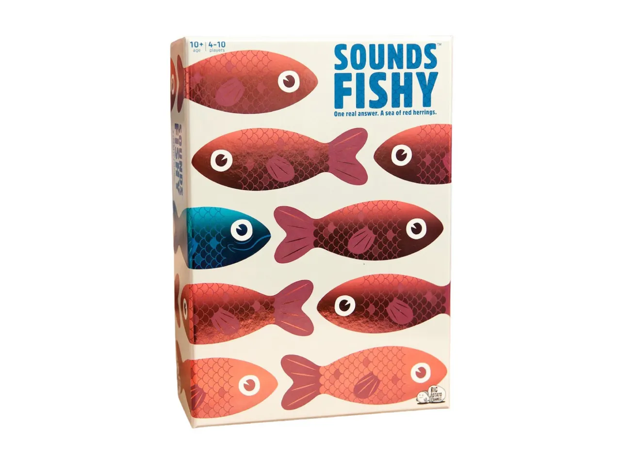 A board game box titled 'Sounds Fishy' with red and one blue fish illustrations.