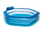 Blue inflatable paddling pool with a backrest, filled with water.