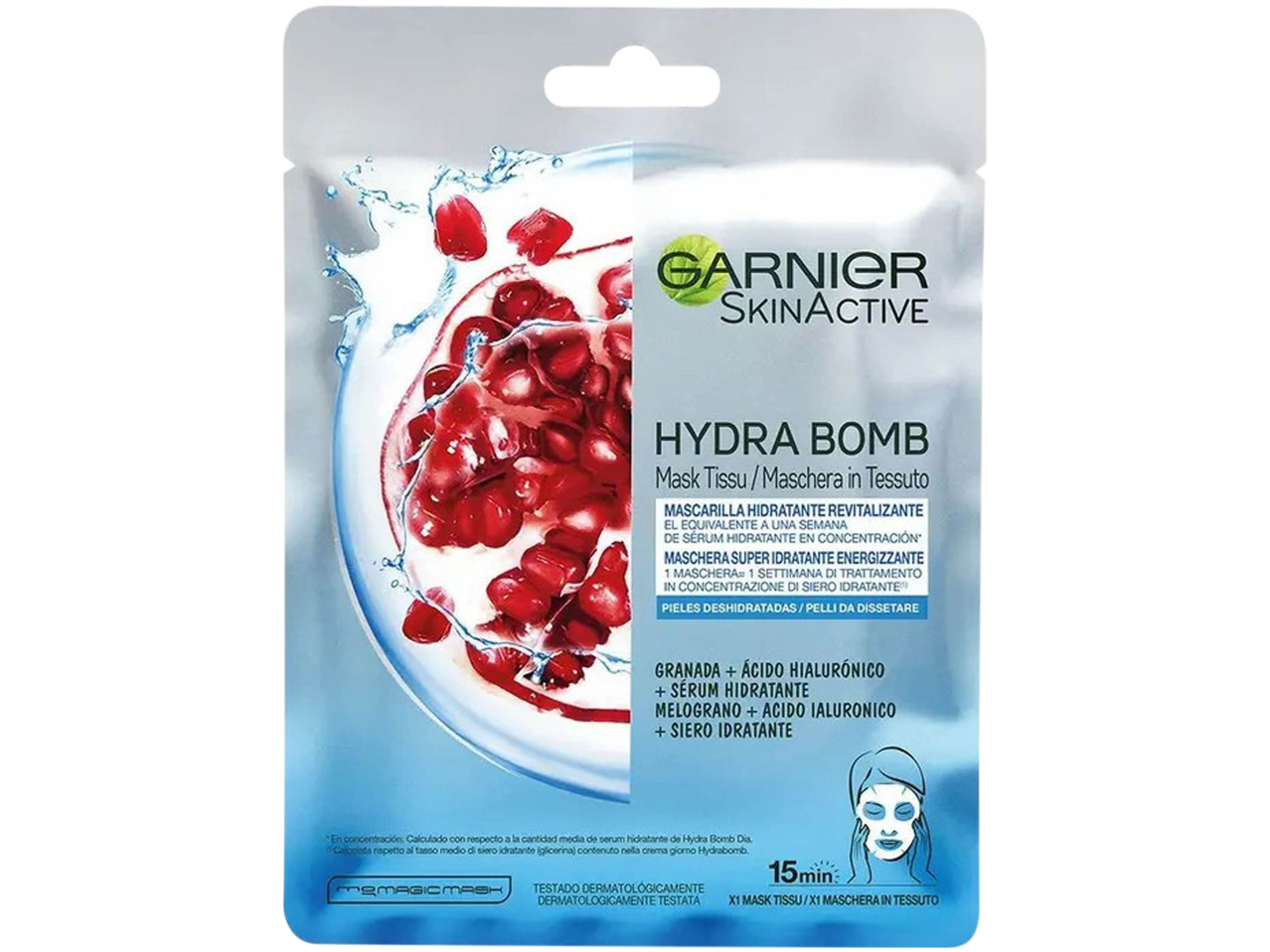 Maschera viso Garnier SkinActive Hydra Bomb al melograno per pelli disidratate.