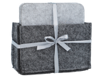 Gray felt coasters in a matching holder, tied with a light gray ribbon.