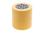A stack of yellow 3M masking tape rolls with company information printed on the core.