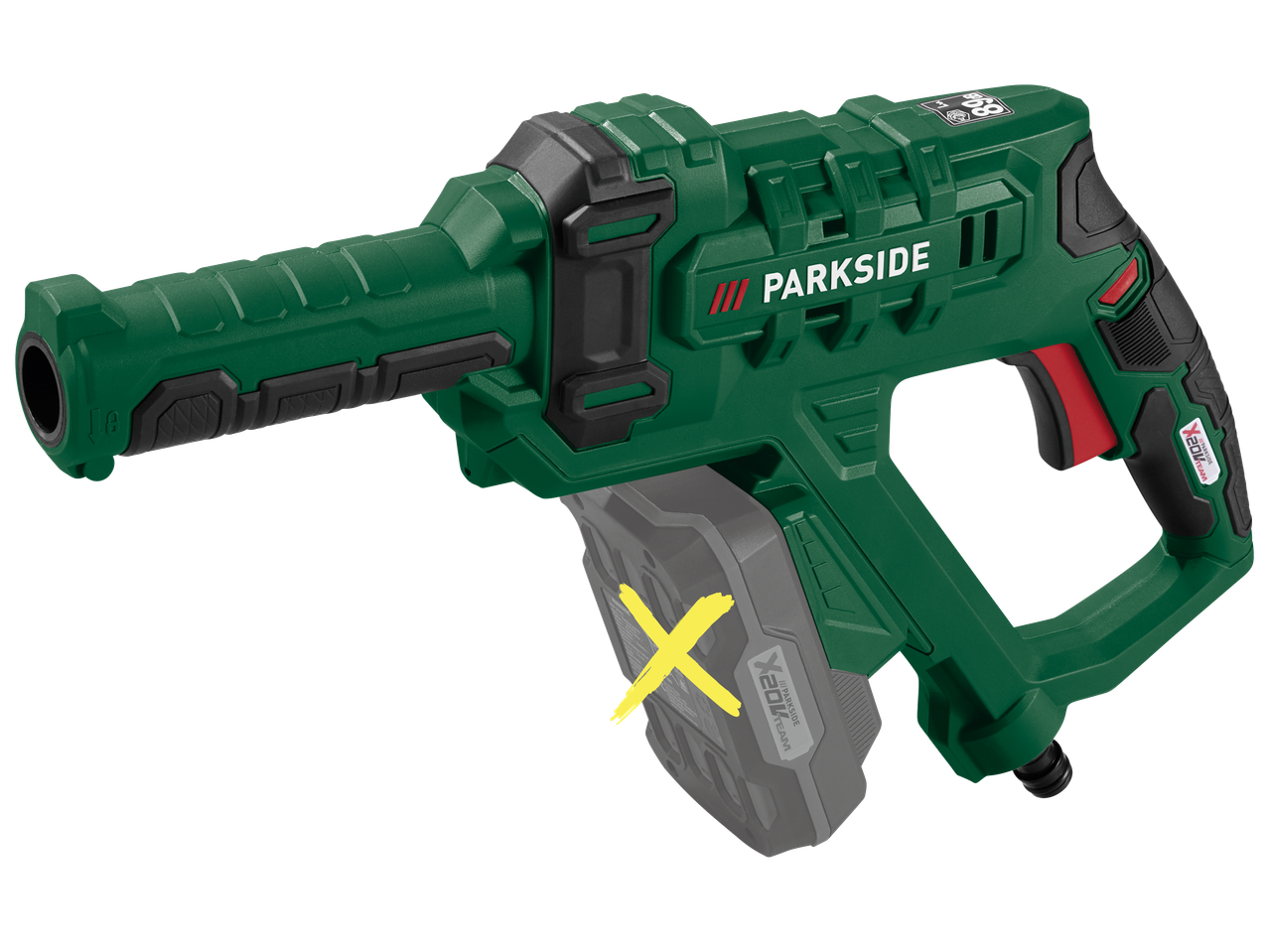 Акумулаторна водоструйка с жълт X върху батерията.