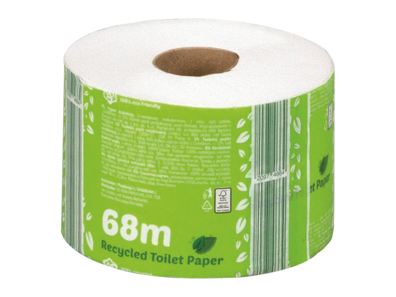 O rolă de hârtie igienică reciclată de 68 m, cu ambalaj verde și text alb.