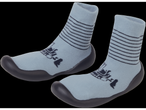 Two light blue baby socks with dark gray soles and striped patterns.