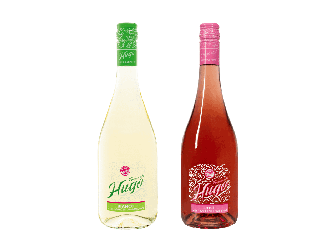 Zwei Flaschen Frizzante, eine weiß mit Holunderblüten- und Minzgeschmack, eine rosé mit Holunderblüten- und Minzgeschmack.