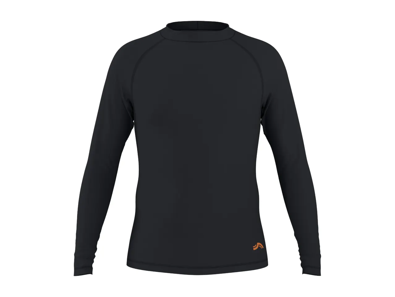 Black long-sleeved rash guard with a small orange logo on the bottom right.