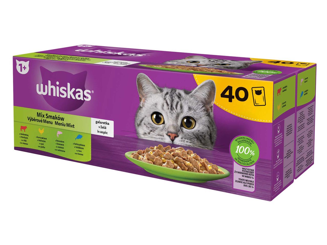 Whiskas macskaeledel vegyes ízekkel, 40 darabos kiszerelésben, 1+ éves macskák számára.