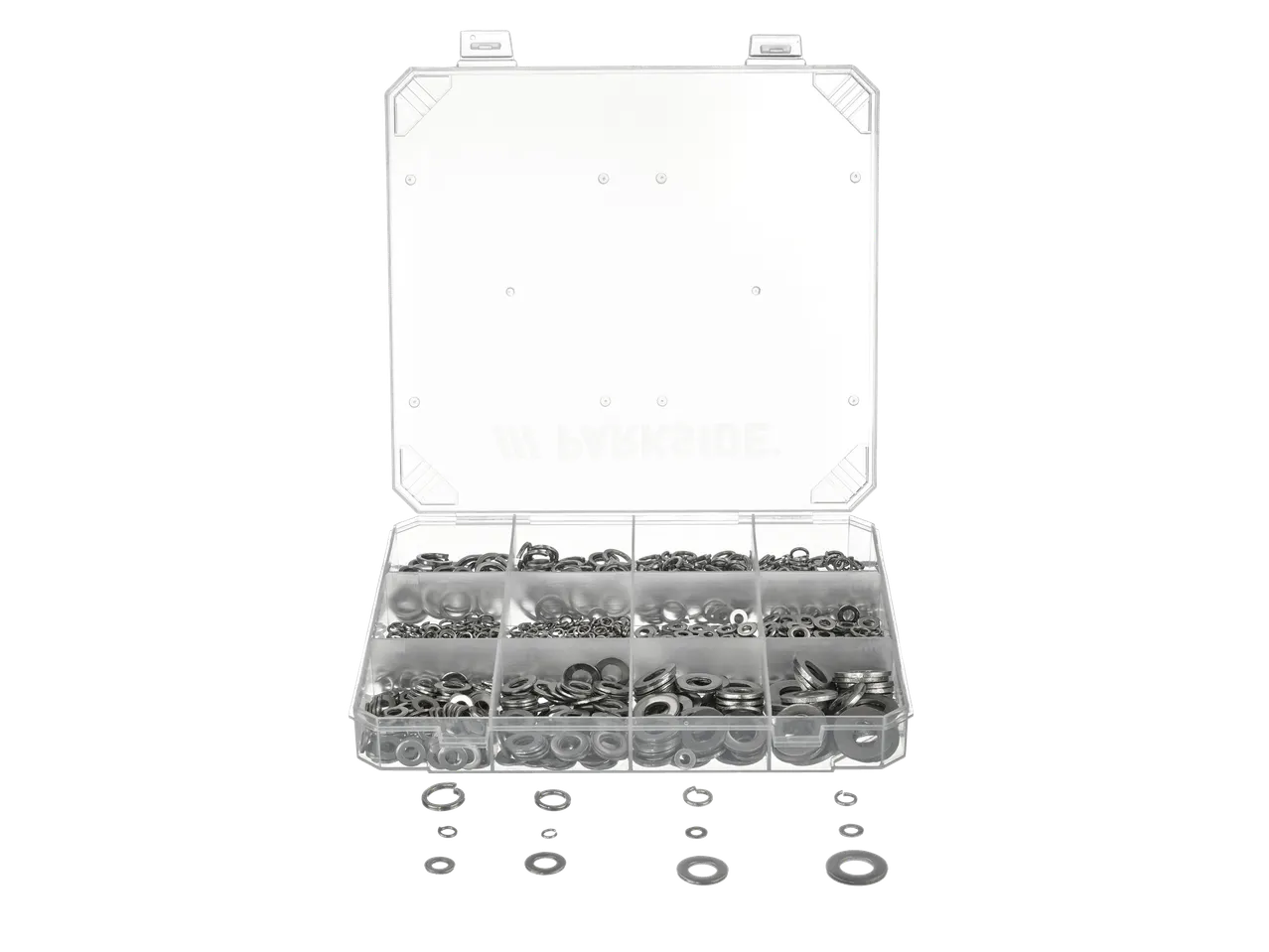 Parkside® smulkių detalių asortimentas: permatoma dėžutė, pilna įvairių dydžių poveržlių.