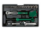 A black tool kit with various silver and green hand tools, including sockets, a ratchet, a hammer, a tape measure, and an adjustable wrench.