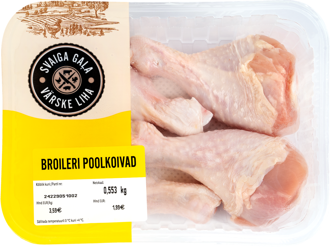 Pakend broilerikoibadega, etiketil on kaal 0,553 kg ja hind 1,99 EUR.