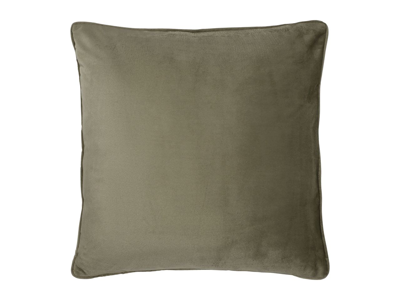 A square, olive green velvet cushion with piped edges.