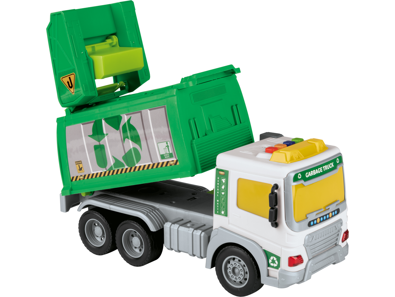 Lupilu® rotaļu atkritumu mašīna ar pārstrādes simboliem un paceltu konteineru.