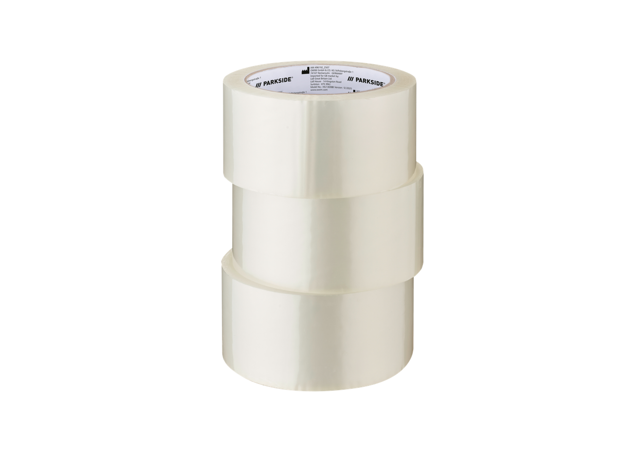 Drie rollen transparante verpakkingstape verticaal gestapeld.