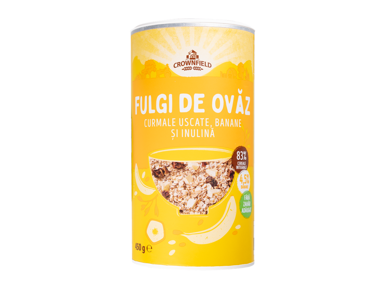 Fulgi de ovăz Crownfield cu banane și prune uscate.
