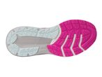 Underside of a running shoe with a pink and light blue sole pattern.