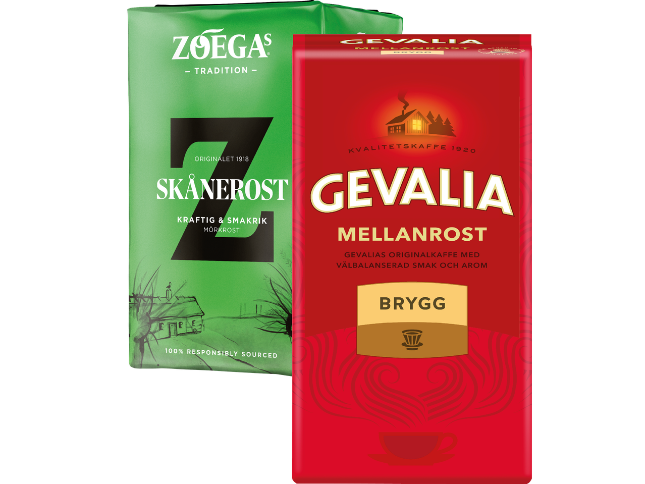 Två paket kaffe, ett grönt med texten 'SKÅNEROST' och ett rött med texten 'MELLANROST'.