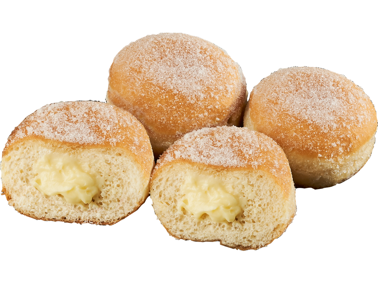 Fyllda munkar med sockerströssel, två hela och två halverade med vaniljkräm.