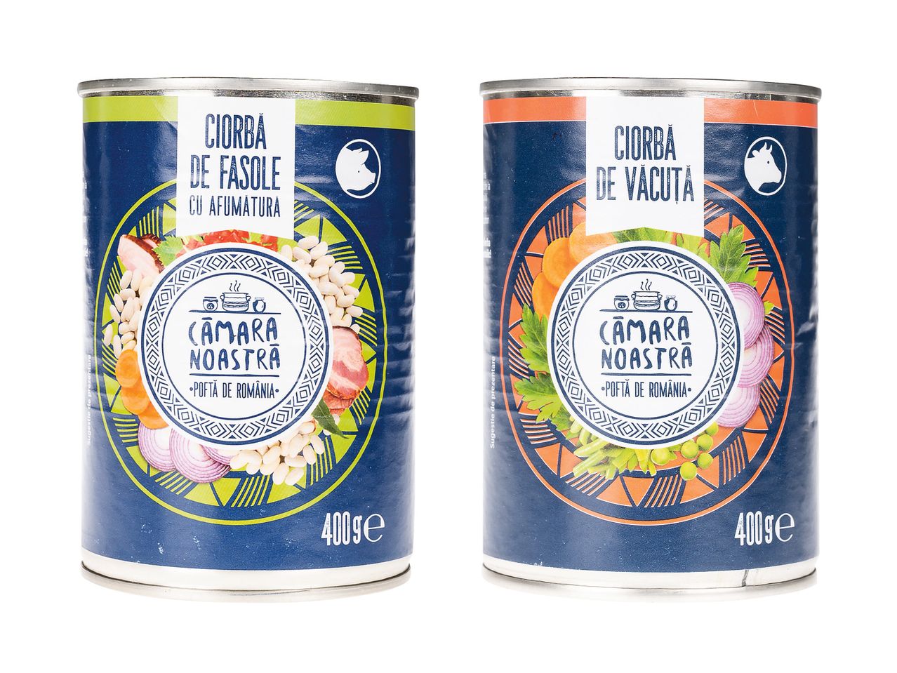Două conserve de supă CIORBĂ de la Cămară Noastră: fasole și vită.