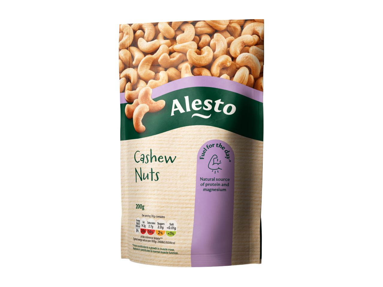 A bag of cashew nuts with nutritional information and health benefits.