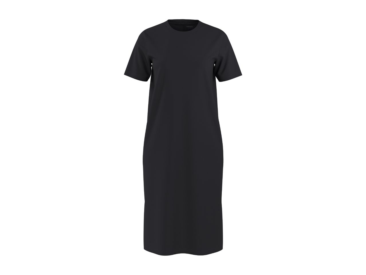 Black short-sleeved midi dress with a round neck