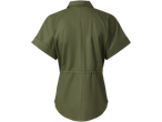 Uma camisa verde-oliva de manga curta com cordão na cintura.