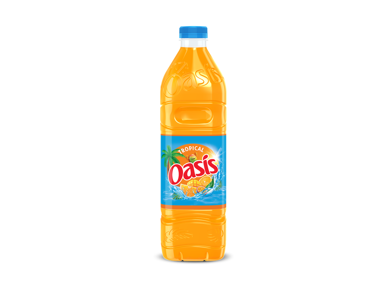 Fles tropische vruchtendrank met sinaasappel, mango en passievrucht op het etiket