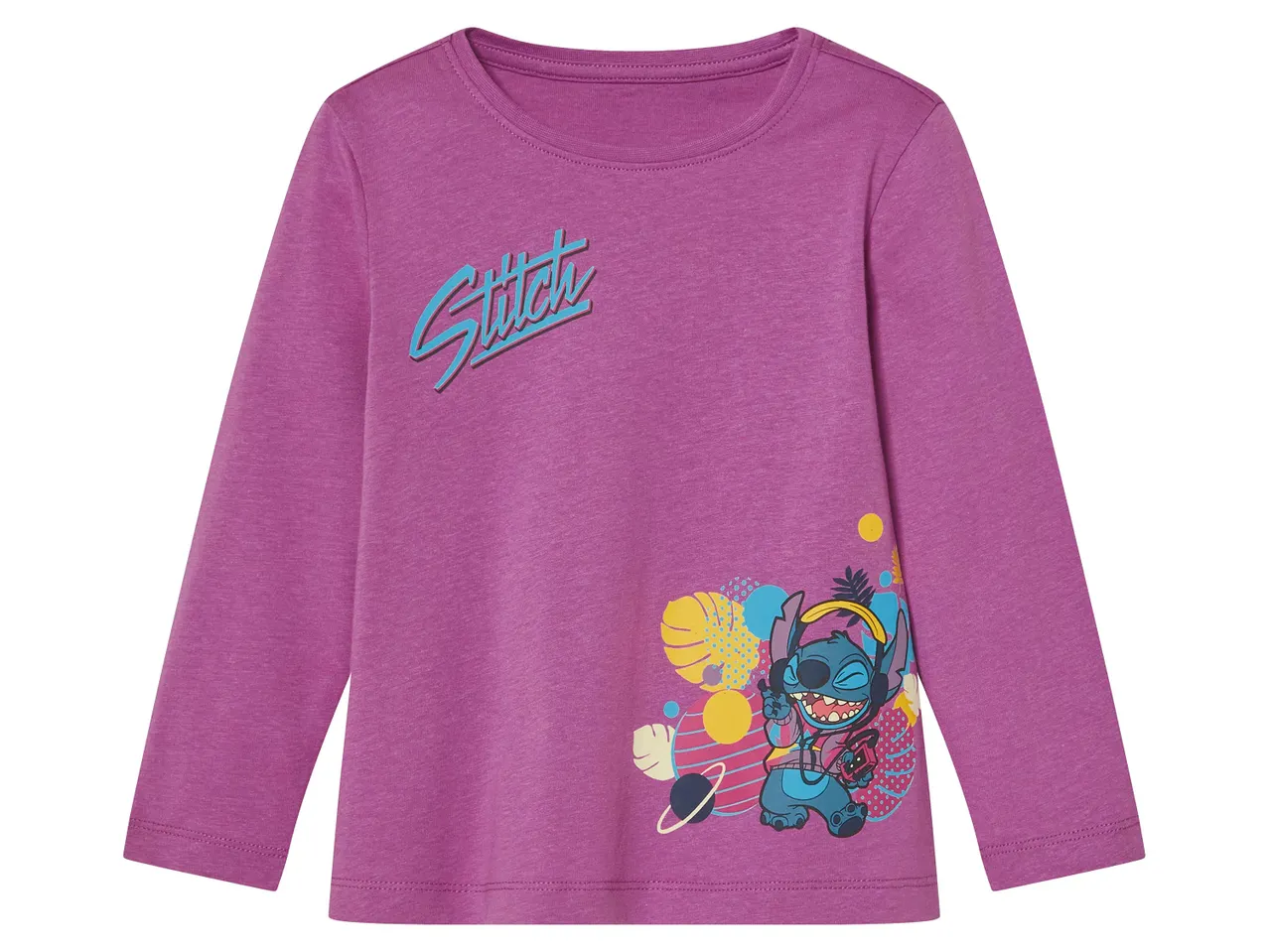 Lila hosszú ujjú póló Stitch mintával és „Stitch” felirattal.