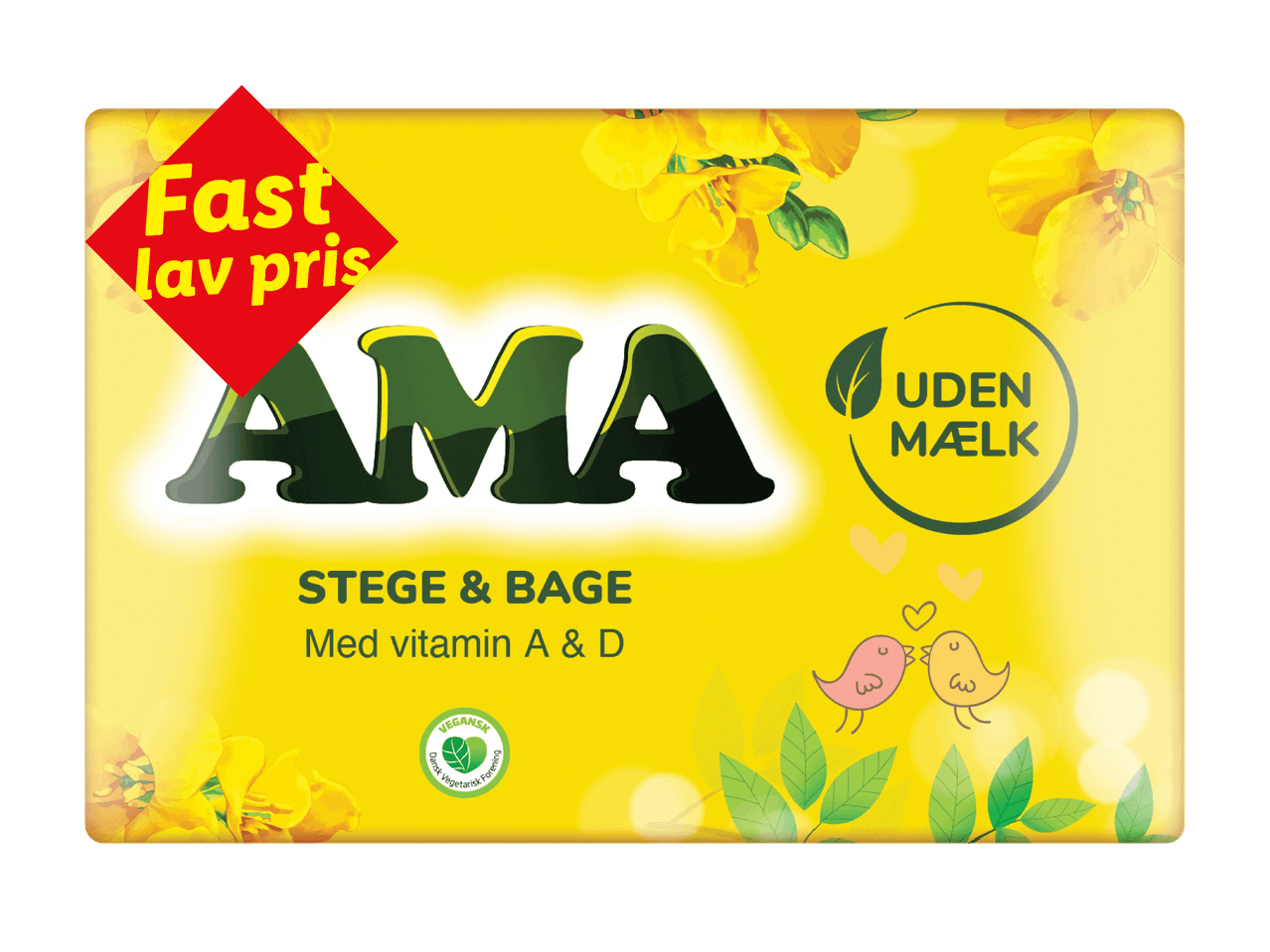Gult produkt med teksten 'AMA', 'STEGE & BAGE', 'UDEN MÆLK' og 'Fast lav pris'.