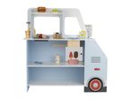 Toy food truck with a burger, kebab, fries, and ice cream, featuring shelves and a menu.