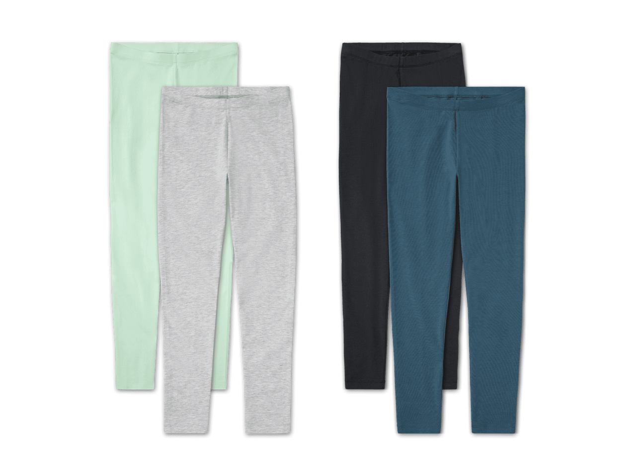 Vier Paar Mädchen-Leggings in Mint, Grau, Schwarz und Dunkelblau.