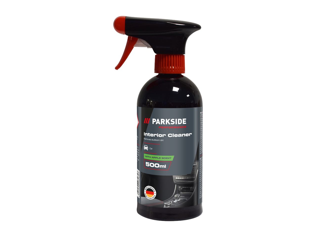 Black spray bottle of interior cleaner with apple scent, 500ml, for cars.