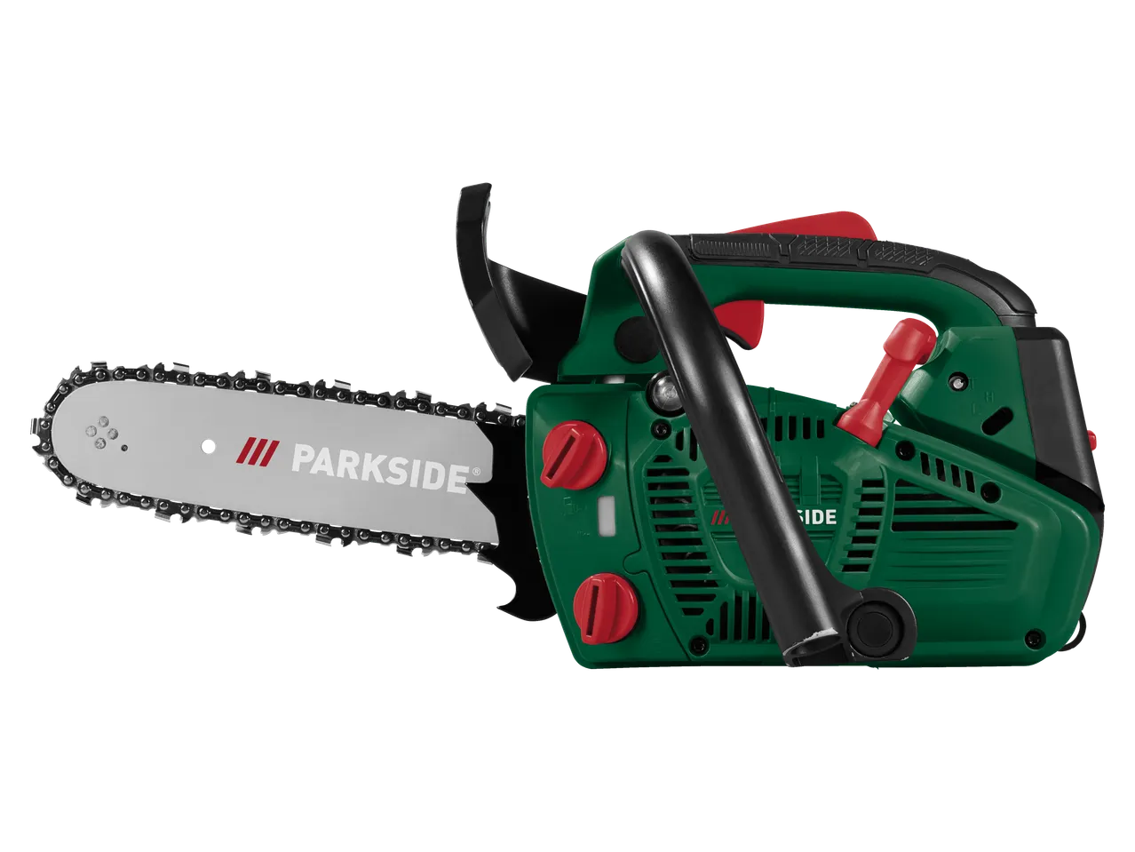 Parkside® benzinska testera za orezivanje drveća sa zelenim kućištem i crvenim detaljima na crnoj pozadini.