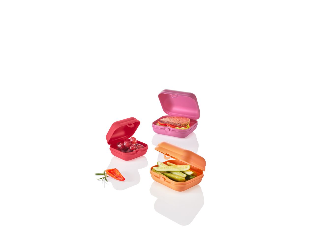 Contenitori per pranzo rosa e arancioni, perfetti per snack e spuntini.