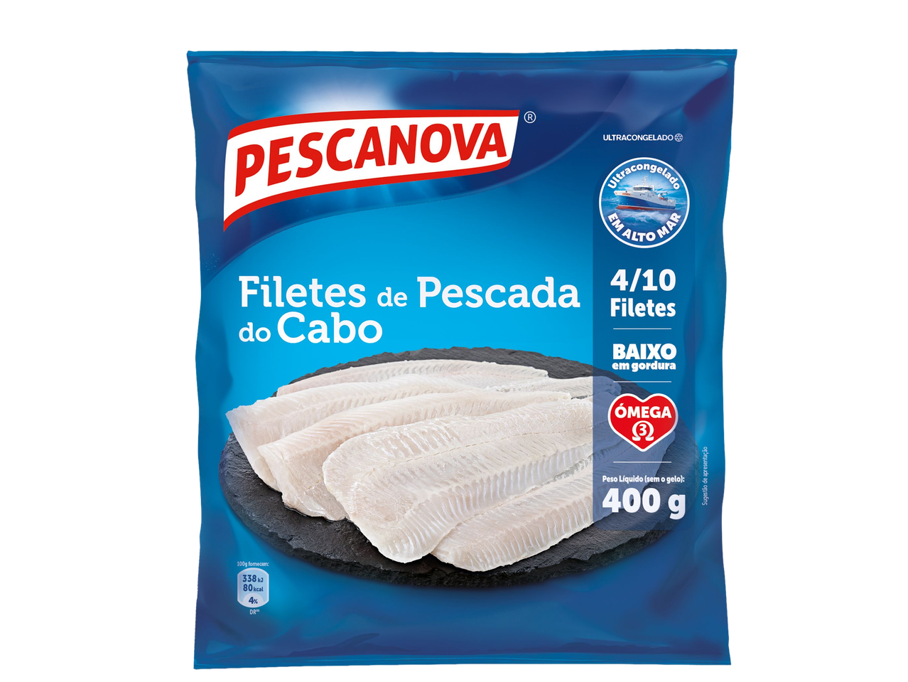Filetes de pescada ultracongelados, baixos em gordura e ricos em Ómega 3, 400g.