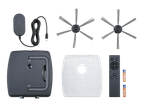 Aspirator robot SILVERCREST® cu accesorii: încărcător, perii, filtru, telecomandă și baterii.