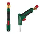 Two views of a green and black gas torch with a red igniter button and brass nozzle.