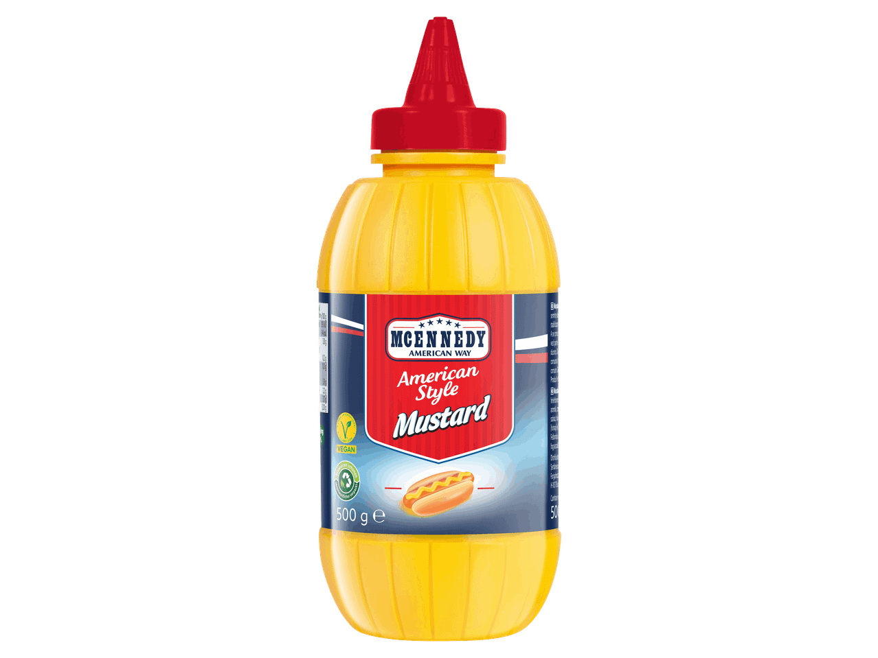 Amerikai stílusú mustár sárga flakonban, piros kupakkal.