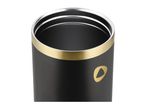 Black and gold insulated tumbler with a golden logo.